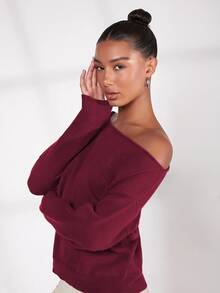 SHEIN BASICS 純色落肩針織衫，女款深秋休閒不對稱長袖寬鬆冬季衣物 - 酒紅色 - 查看 4