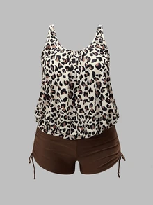 Swim Lushoire Plus Size Women's Summer Beach Vacation Leopard Print Tankini Set - Multicolor - View 2