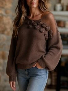SHEIN Mesh Patchwork 3D Crochet Lazy Comfortable Sweater - Coffee Brown - View 5