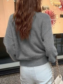FRIFUL Middle-Aged & Elderly Women Solid Color Casual Versatile Daily Wear Knit Top Cardigan - Grey - View 2
