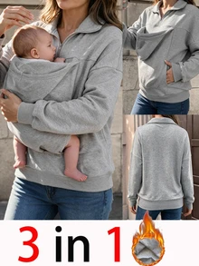 SHEIN Sweatshirt Kasual Longgar Lengan Panjang Ibu Hamil Abu-abu Musim Gugur/Dingin 3-in-1 Tebal Berlapis Ganda - Light Grey - View 5