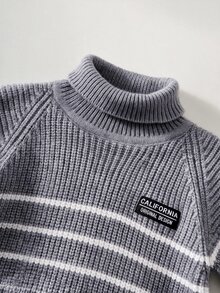 Cozy Pixies 男嬰秋冬條紋高領毛衣，舒適時尚休閒百搭日常極簡風，適合室內、戶外、日常、運動、玩耍、派對、拍照、度假、節日 - 淺灰色 - 查看 4