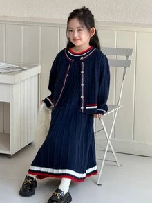 DAZY Tween Girls Sweater Set Cardigan And Dress Striped Decor Casual Fashion Creative Personalized Fresh Cute - Navy Blue - View 5