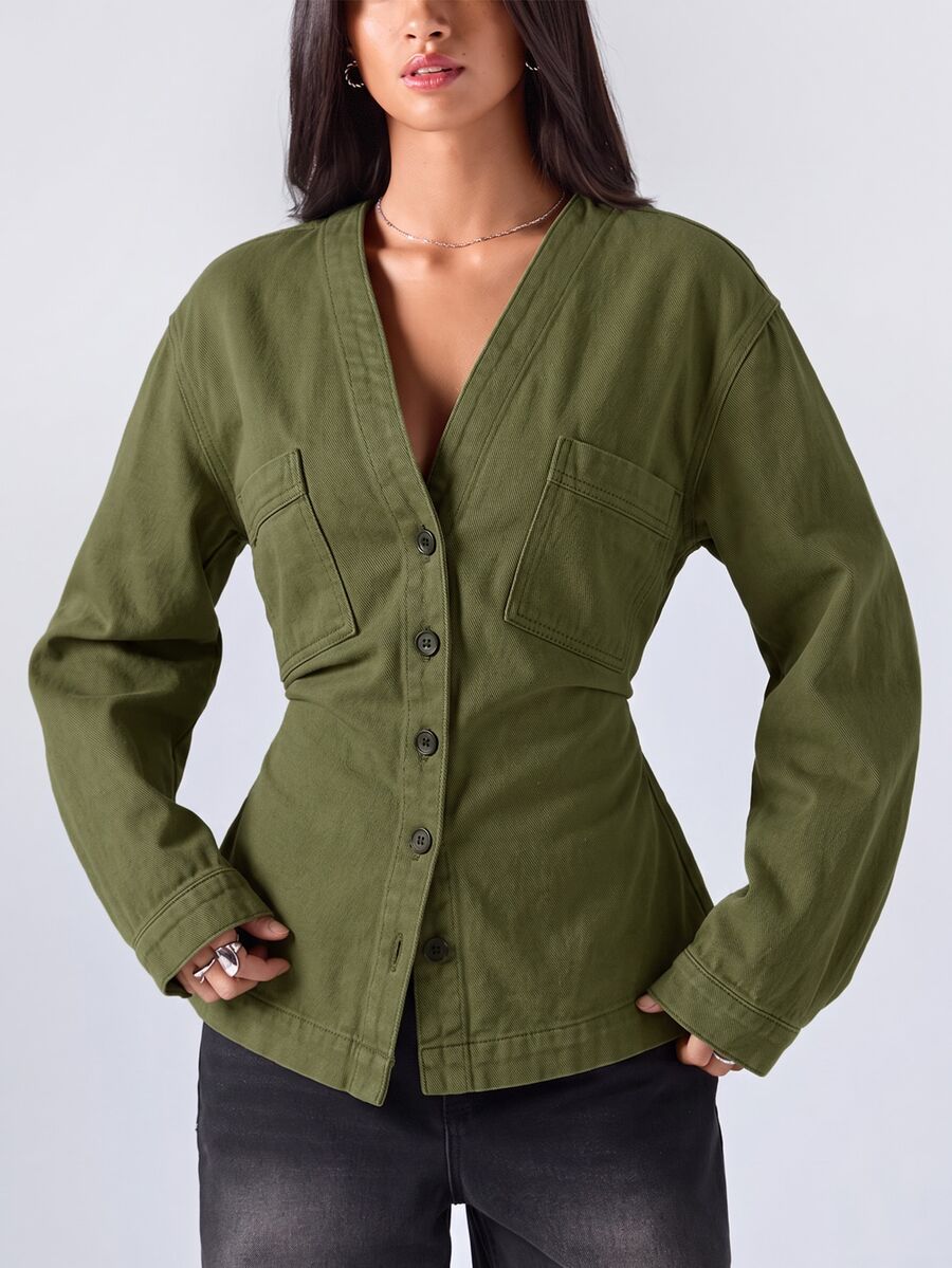 LYSMO Women's V-Neck Long Sleeve Single-Breasted Pocket Design Casual Denim Top - Army Green - View 1