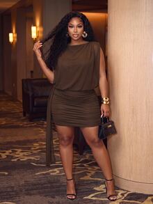 Slaydiva Sexy Street Date Party Women Slim Fit High Elastic Pleated Detail Chiffon Outer Layer Cover Up Ribbon Plus Size Mini Dress - Brown - Brown - View 2