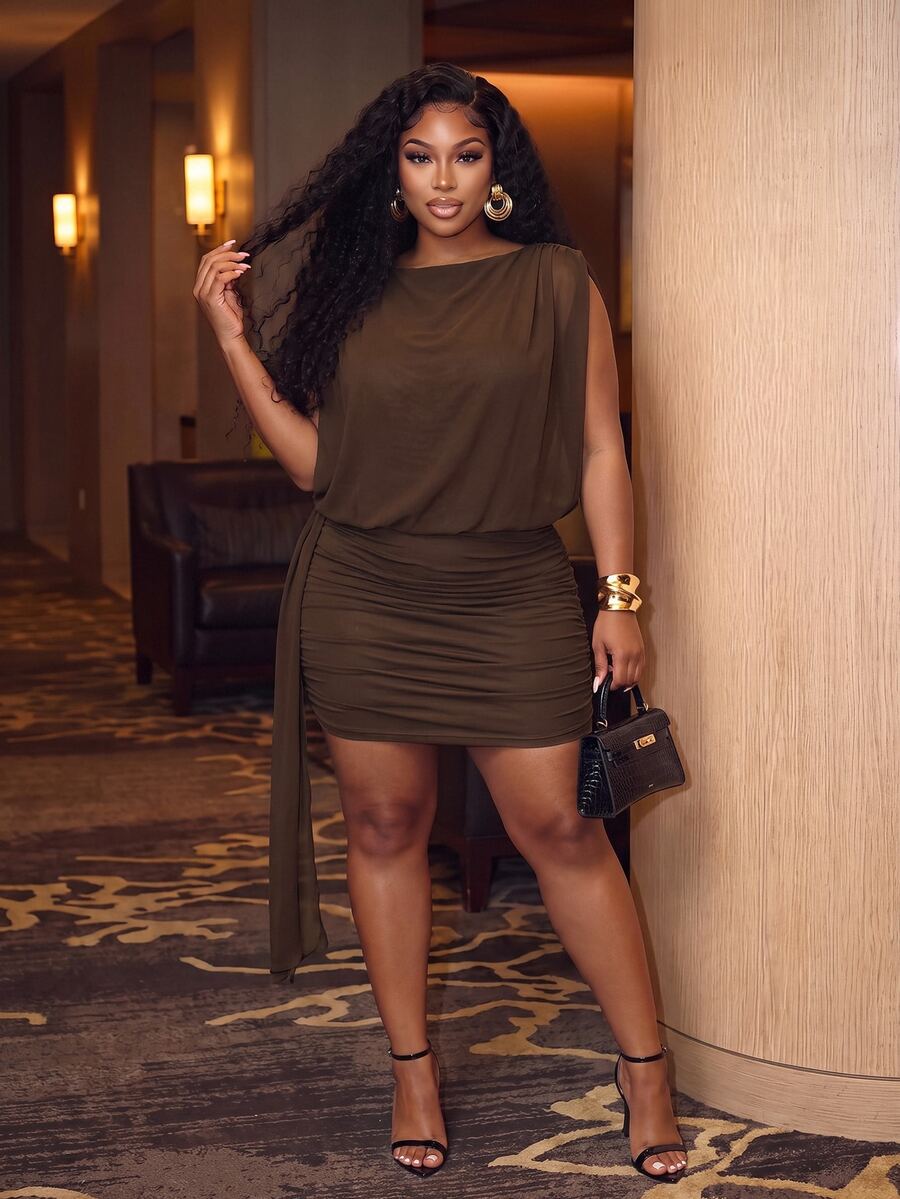 Slaydiva Sexy Street Date Party Women Slim Fit High Elastic Pleated Detail Chiffon Outer Layer Cover Up Ribbon Plus Size Mini Dress - Brown