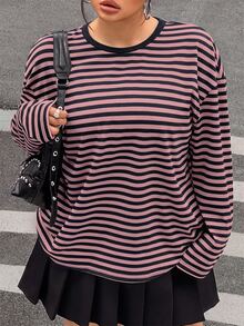 Muchica Plus Size Korean Style Minimalist Striped Colorblock Long Sleeve Crew Neck T-Shirt Fall - Multicolor - View 1