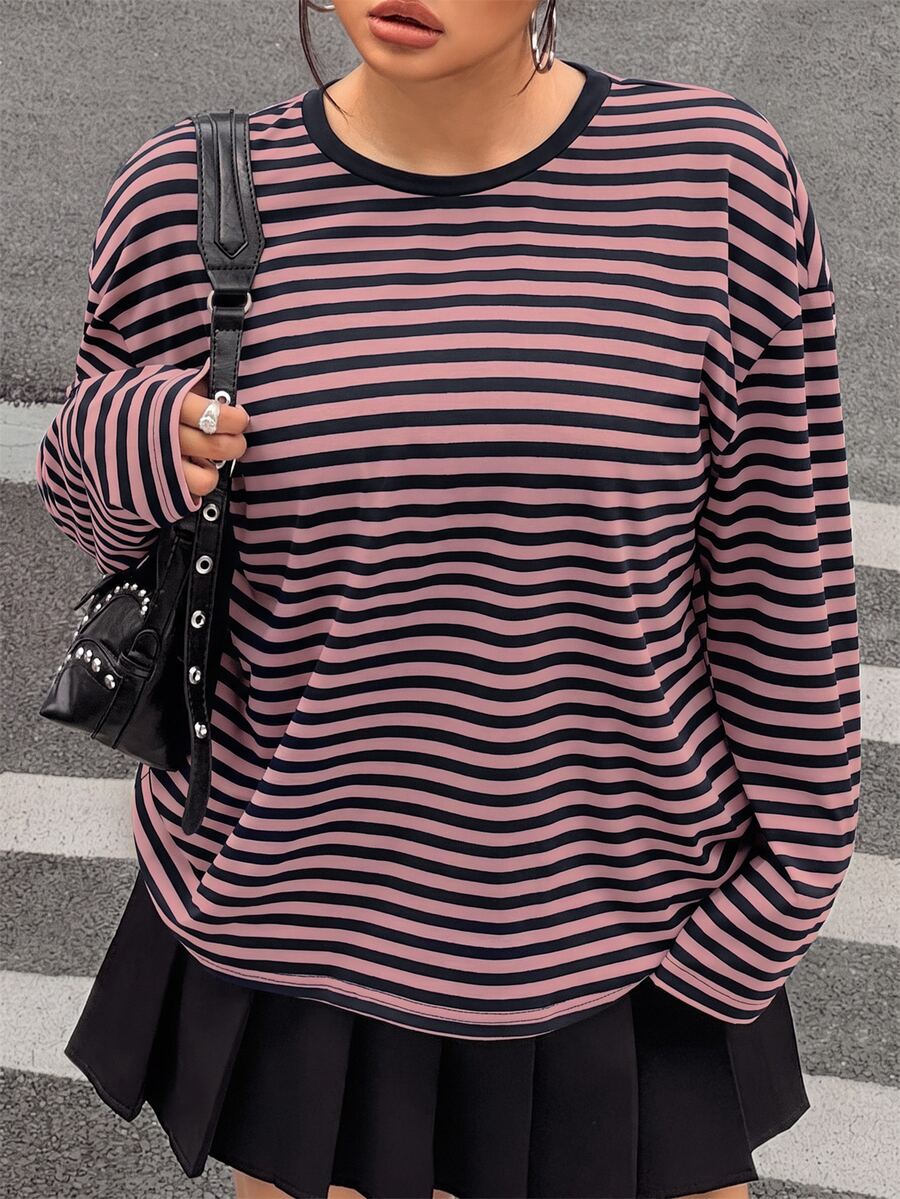 Muchica Plus Size Korean Style Minimalist Striped Colorblock Long Sleeve Crew Neck T-Shirt Fall - Multicolor - View 1