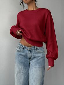 SHEIN BASICS 女款純色極簡長袖針織衫，舒適適合日常穿著 - 酒紅色 - 查看 3