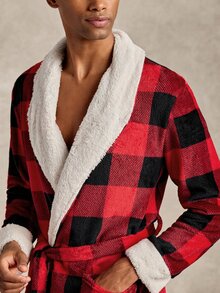 EverLounge Autumn/Winter Men's Minimalist Basic Fit Classic Black & Red Plaid Print Christmas Atmosphere Contrast Color Lapel Design Loungewear Robe - Multicolor - View 4