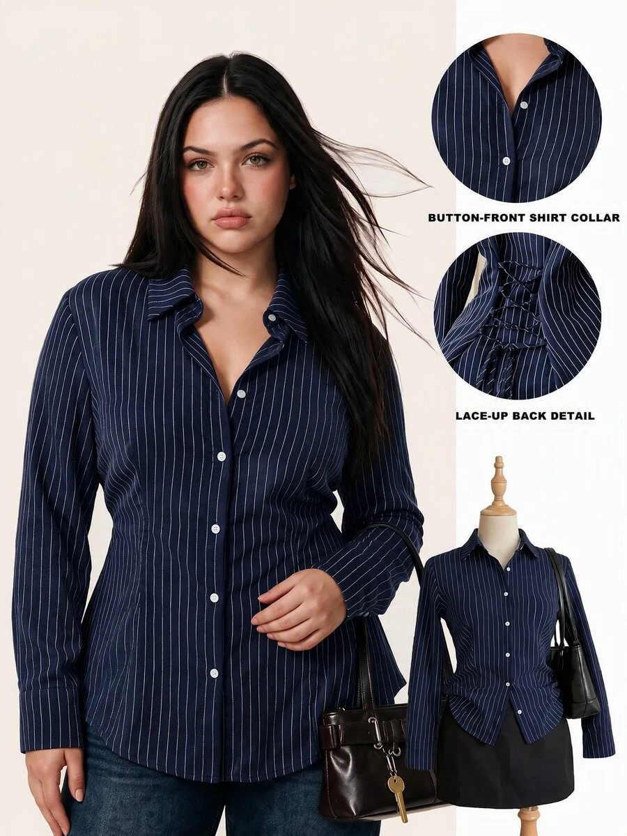 Comfortcana Solid Color Plus Size Turn-Down Collar Single-Breasted Long Sleeve Autumn/Winter Shirt - Navy Blue - View 1