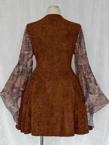 Sunspun Plus Size Women's V-Neck Mesh Sleeve Fitted Short Printed Dress - Brown - View 2