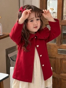 DAZY Young Girl Solid Color Peter Pan Collar Heart Single-Breasted Cute Overcoat - Red - View 4