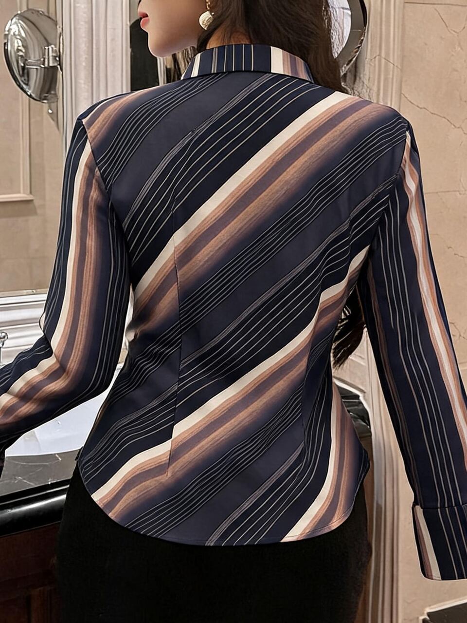 Black & Brown Colorblock Striped Lapel Single-Breasted Slim Fit Long Sleeve Sheer Fashion Thin Shirt For Women