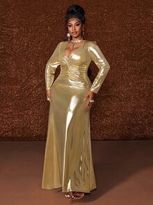 Maweii Plus Size Elegant Gentle Gold Metallic Glossy Deep V Neck Ruched Long Sleeve A-Line Full Skirt Evening Gown - Gold - View 6