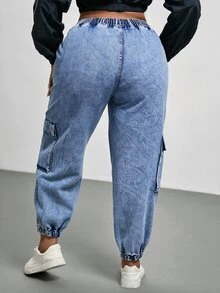 Slaydiva Plus Size Drawstring Tie Elastic Waist Pocket Denim Jeans Women's Jeans - Light Wash - View 2