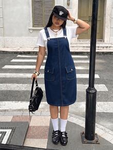 Rivivi 大尺碼女款休閒百搭鈕扣開襟水洗牛仔洋裝 - 深色水洗藍 - 查看 7