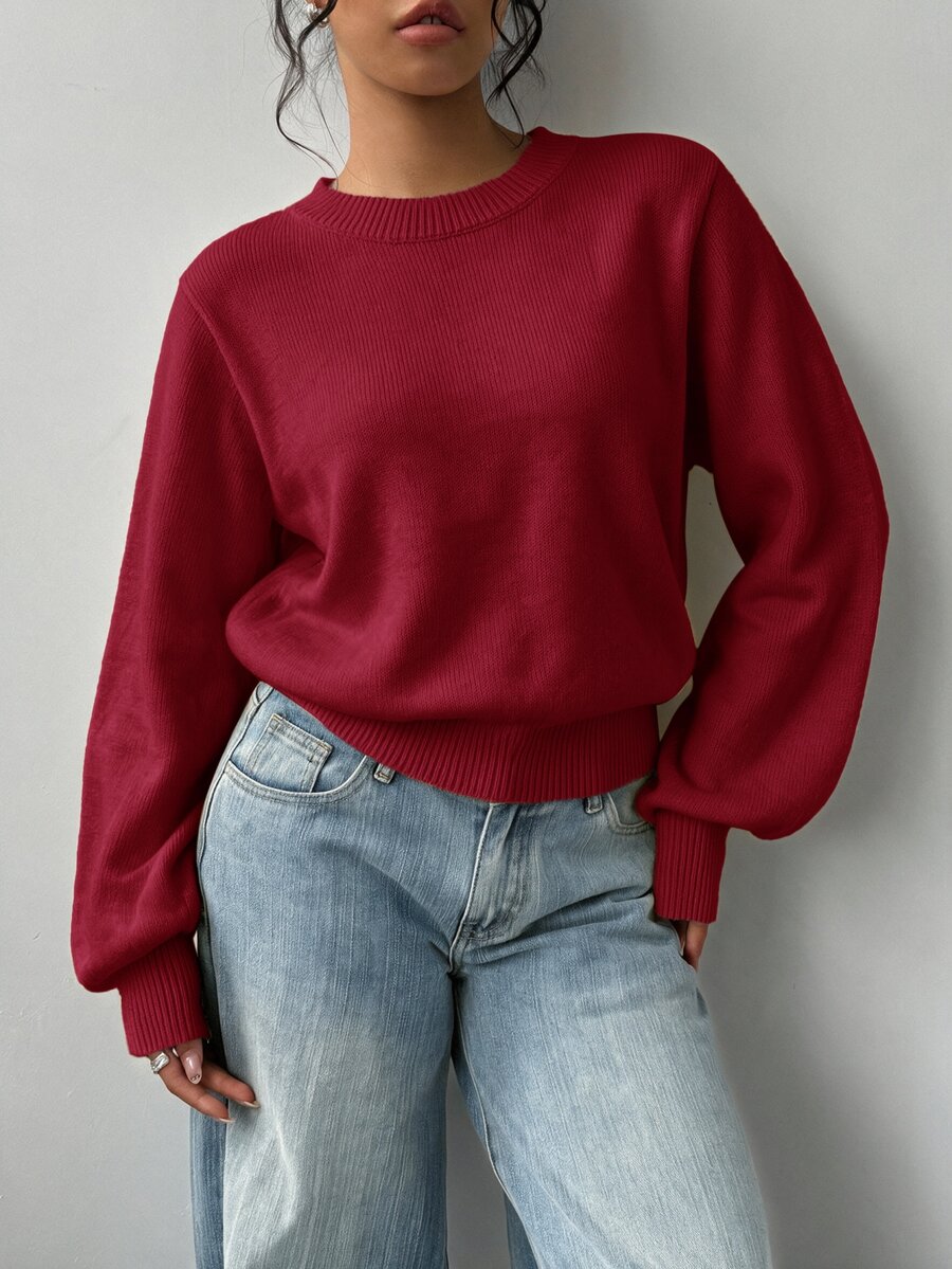 SHEIN BASICS 女款純色極簡長袖針織衫,舒適適合日常穿著 - 酒紅色 - 查看 1