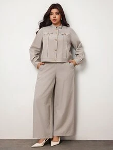 Enliva Plus Size Women's Two Pieces Pants Set Cropped Jacket High Waist Trousers Elegant Matching Outfit Flattering Compatible With Apple Shape - Khaki - View 5