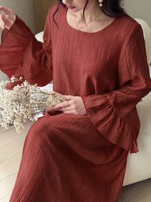 Yasmyna 圓領細條紋紋理寬鬆喇叭袖粉色長洋裝 秋冬休閒 國慶橘色 外出穿搭 寬鬆休閒 - 紅色 - 查看 3