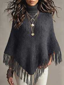 Trelyra Ladies' High Neck Elegant Casual Bohemian Style Sweater, Versatile For Autumn And Winter, Gray Tassel Cape, Cloak - Dark Grey - View 1