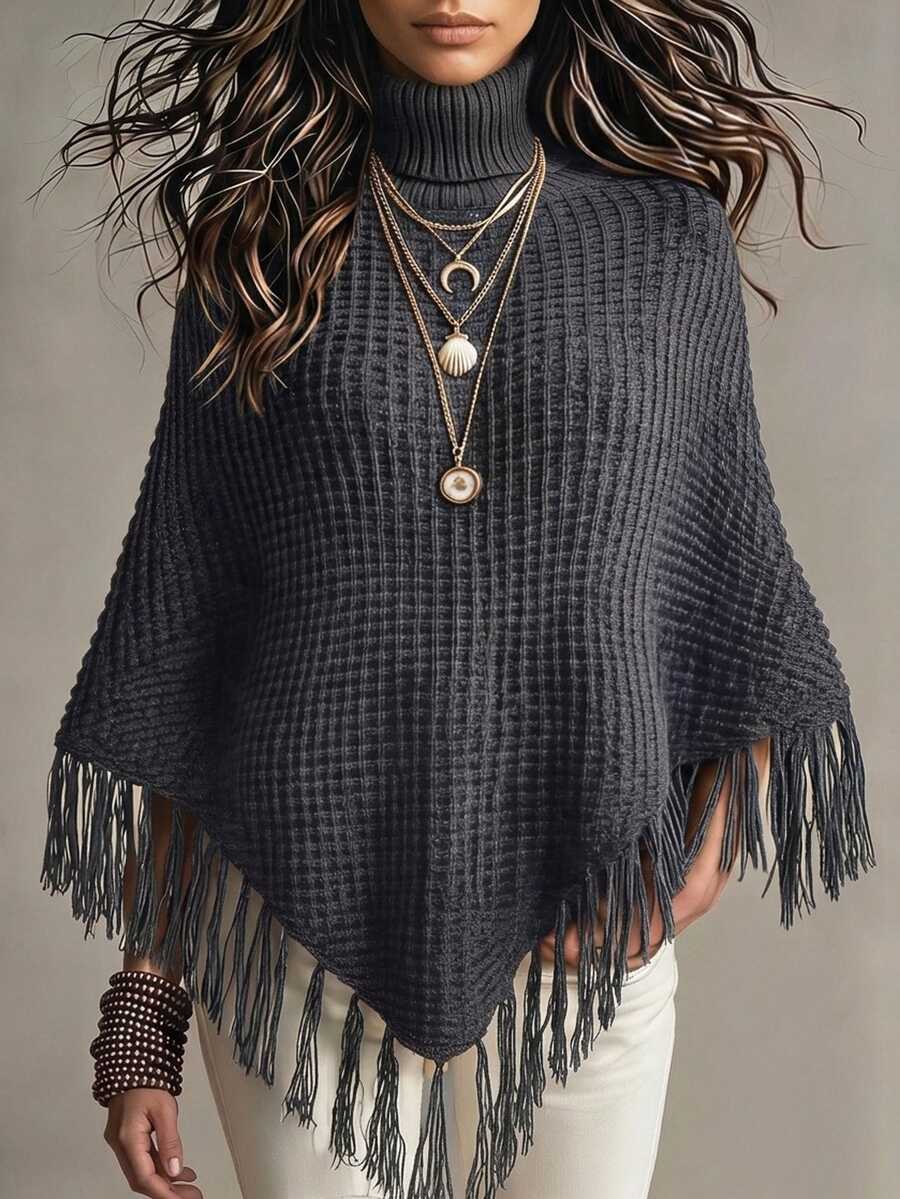 Trelyra Ladies' High Neck Elegant Casual Bohemian Style Sweater, Versatile For Autumn And Winter, Gray Tassel Cape, Cloak - Dark Grey - View 1