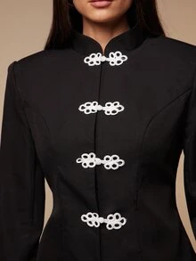 Silquee Women's Solid Color Suit Set With Qipao Button Decor And Skirt, Suitable For Daily Wear, Gatherings, Outdoor Activities, Commuting - Black - View 8