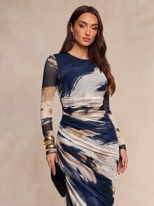 Silquee 這款女款棕色紮染印花網紗圓領長袖洋裝，腰部修身設計 - 彩色 - 查看 4
