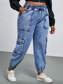 Slaydiva Plus Size Drawstring Tie Elastic Waist Pocket Denim Jeans Women's Jeans - Light Wash - View 4