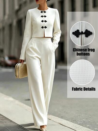Elenzga Women's Autumn/Winter French Elegant Exquisite Minimalist Chinese Style Apricot Fabric Round Neck Open Front Long Sleeve Short Jacket With Pockets And Straight Leg Pants 2 Pieces Set With Chinese Style Frog Buttons Suitable For Daily Commute, Holiday Events, Vacation, Dating And More Occasions