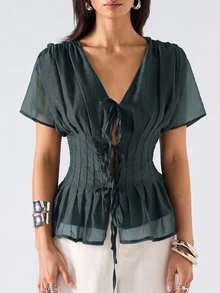 SHEIN EZwear 深綠色春夏純色領口百褶休閒百搭日常短袖大尺碼襯衫 - 墨綠色 - 查看 2