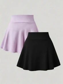 SHEIN 女童 2 件組防磨裙褲套裝，夏季純色針織 A 字裙內含內搭短褲，適合學校、運動與日常穿著 - 彩色 - 查看 2