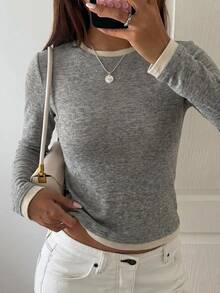 DAZY Women's Patchwork Contrast Color 2 In 1 Combined Round Neck Long Sleeve Casual Street Vacation Spring Autumn Base Layer T-Shirt - Grey - View 3