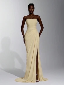 Elitara Elegant Minimalist Classical Chiffon Shawl Strapless Handmade Pleated Fishbone Internal Corset Waist Bodycon Slit Train Long Dress Cream Fall - Yellow - View 4