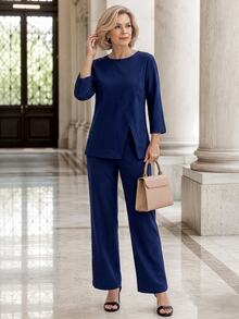 EMERY ROSE Middle-Aged And Elderly Women Solid Color Round Neck 3/4 Sleeve Top And Pants Set - Blue - View 5