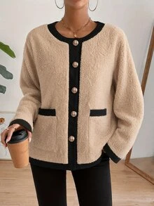 Holdful Holdful Colorblock Plush Round Neck Long Sleeve Casual Regular Fit Women's Jacket - Multicolor - View 1