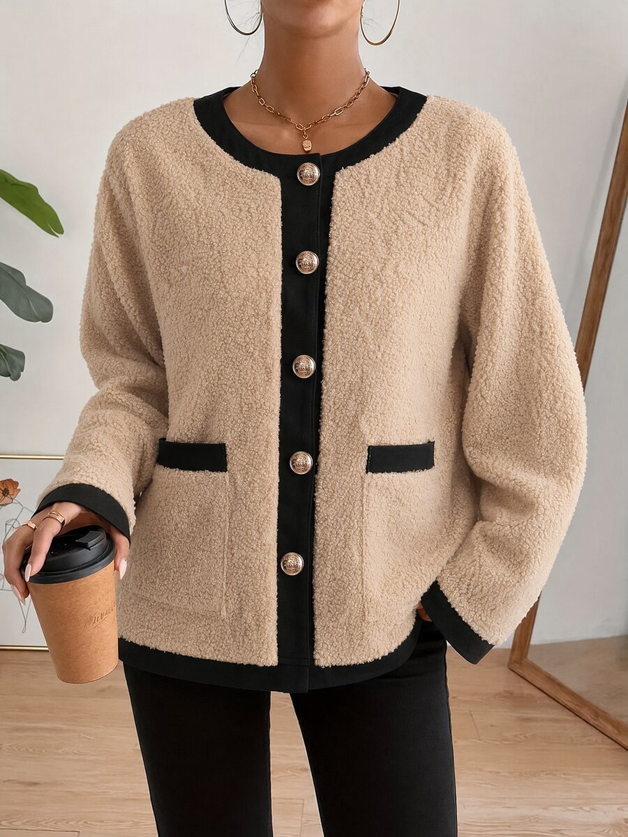 Holdful Holdful Colorblock Plush Round Neck Long Sleeve Casual Regular Fit Women's Jacket - Multicolor - View 1