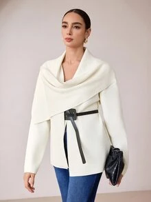 Modelyn كارديجان نسائي أنيق بتصميم ياقة وشاح غير متماثل، خريف/شتاء - أبيض - مشاهدة 3