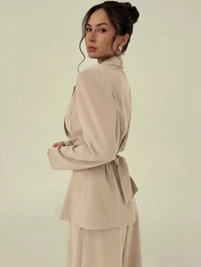 Aloruh 女款純色翻領長袖夾克與長褲休閒套裝 - 杏色 - 查看 9