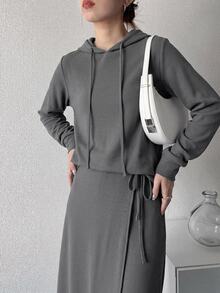 DAZY Solid Drawstring Hoodie & Split Hem Skirt - Grey - View 7
