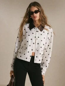 Poéselle Jaket Wanita Putih Motif Polkadot dengan Kancing Depan, Kerah Kontras, Jaket Musim Dingin, Pakaian Kerja, Atasan Polkadot, Pakaian Kantor Kasual Elegan dan Chic untuk Musim Gugur dan Musim Dingin - MultiWarna - View 6