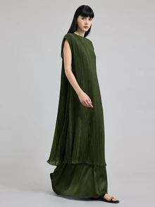 Ontre 女款套裝 2026 秋季新款 橄欖綠緞面修身長裙 優雅休閒鄉村風 適合海灘、日常、約會、早午餐、度假、音樂會穿著 - 軍綠色 - 查看 3