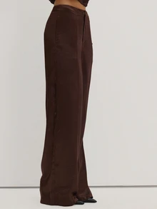 MUSEYN Brown Satin Straight Leg Trousers Classy Date Night Chic Evening Fall - Chocolate Brown - View 3