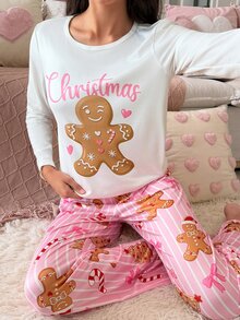 SweetSlumber Women's Christmas Gingerbread Man Candy Striped Print Knit Long Sleeve Pants Pajama Set - Multicolor - View 3