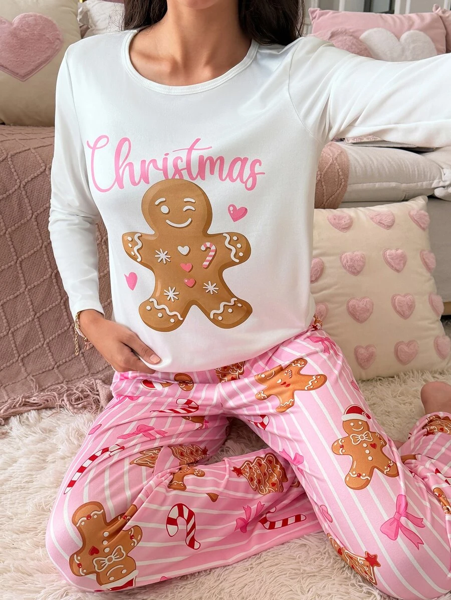 SweetSlumber Set Piyama Celana Panjang Rajut Motif Garis Permen dan Orang Jahe Natal untuk Wanita - MultiWarna - View 1