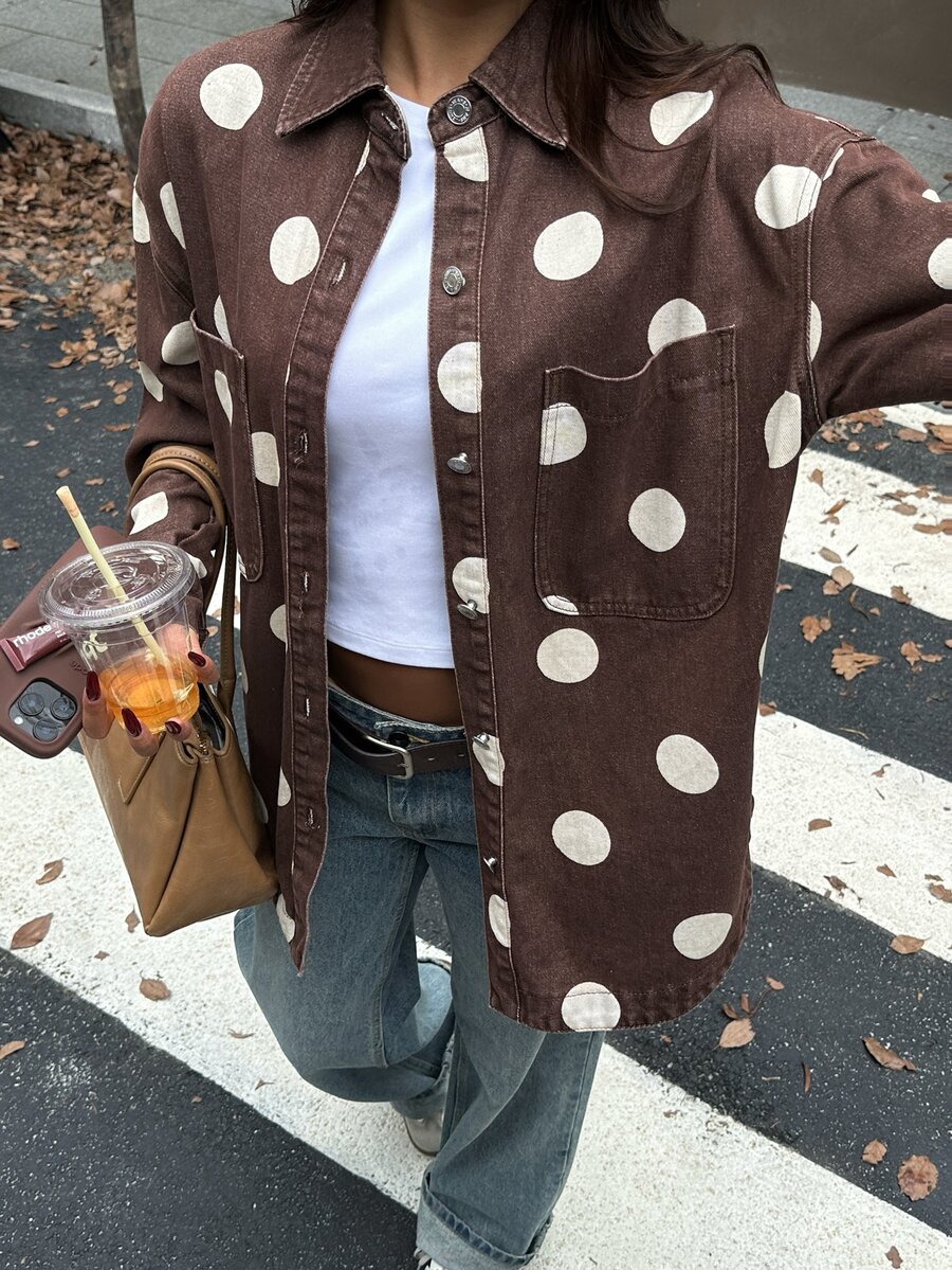 Flexra Women's Fashionable Collared Button Loose Washed Denim Shirt - Mocha Brown - View 1