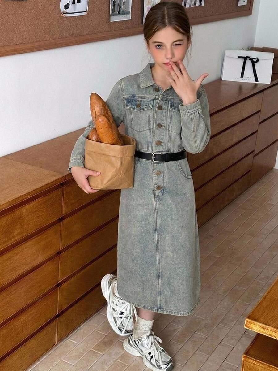 DAZY Tween Girls Denim Dress, Washed Lapel Collar, Casual Fashion, Creative Personalized Fresh Cute - Medium Wash - View 1