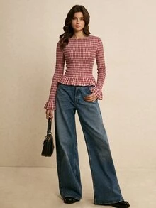 Poéselle Women's Plaid Pattern Long Sleeve Round Neck Ruffle Hem Blouse - Red - View 5