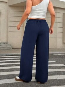 SHEIN EZwear 海軍藍大尺碼女款寬鬆百褶寬腿黑色裙褲，適合畢業季、返校節及秋冬教師穿搭 - 藏蓝色 - 查看 2