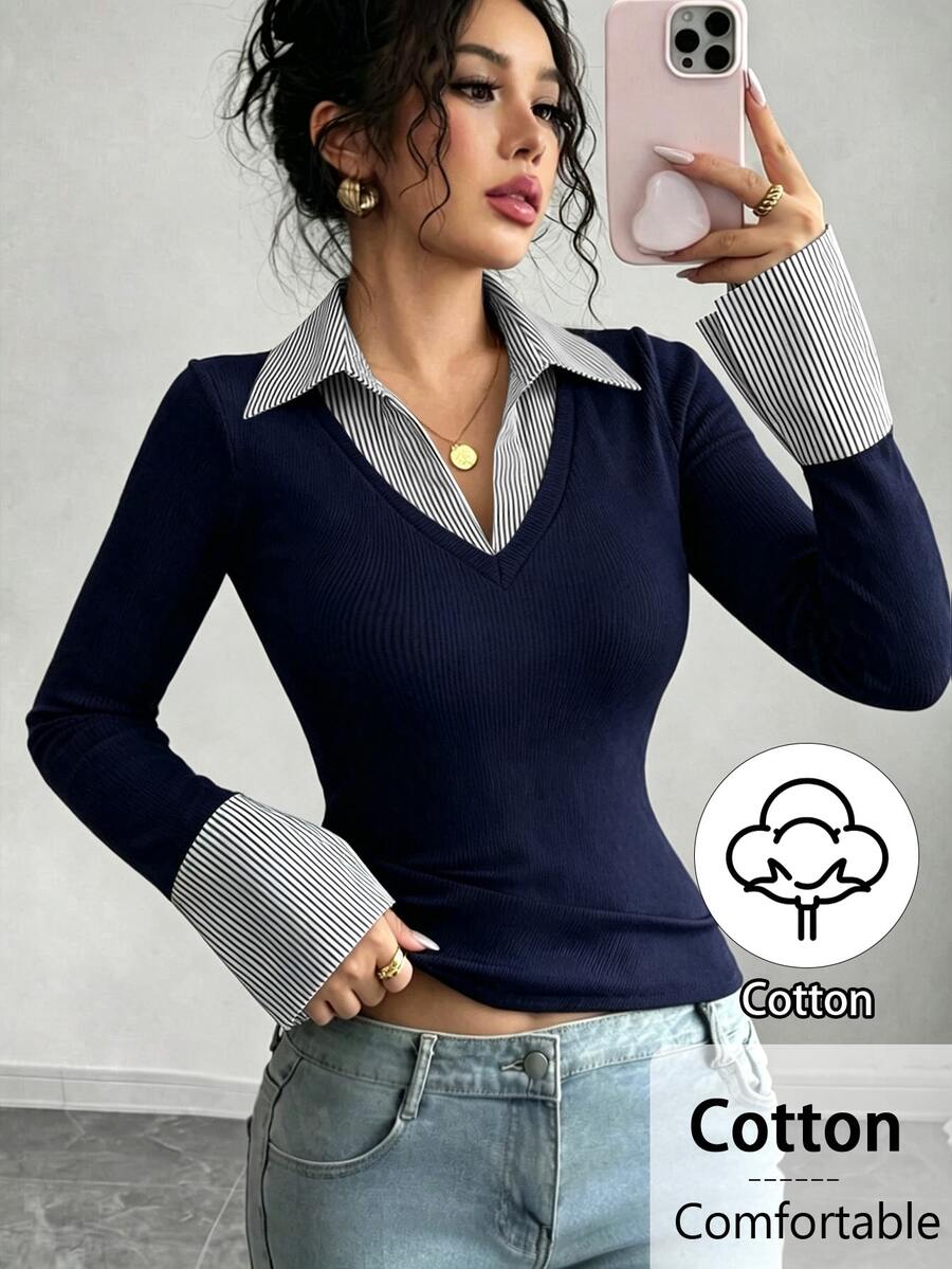 SHEIN Raffinéa 女款海軍藍黑白配色羅紋對比色POLO領V領修身短版上衣,秋冬休閒時尚T恤,老錢風長喇叭袖,居家休閒通勤百搭優雅T恤,高彈力羅紋柔軟面料 - 藏蓝色 - 查看 1